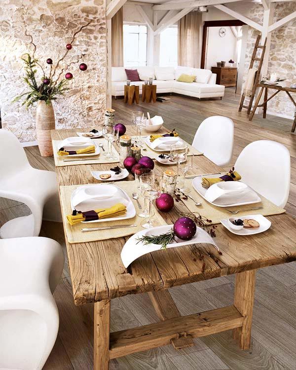 Comfortable Christmas Table Decor Interior Wood Table Furniture in Rustic Design and Modern White Chair Decoration Ideas
