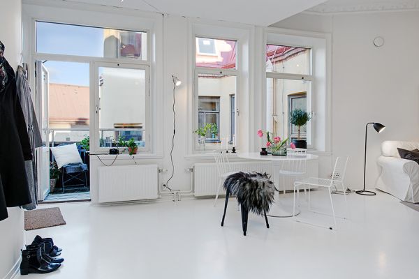 Comfortable Swedish One Room Apartment Design Interior with White Furniture in Traditional Style for Inspiration