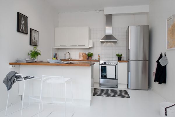 Elegant Swedish One Room Apartment Design Interior in Kitchen Space Decorated with Small White Furniture Ideas Inspiration