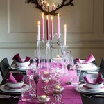 Stylish Christmas Table Decorations Ideas with Traditional Furniture Used Purple Napkin and Crystal Glass Chandelier