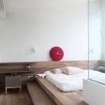 Amazing Bedroom with Low Profile Bed in Minimalist House  with Compact Stool and Trendy Wall Shelves Cool White Wall Light