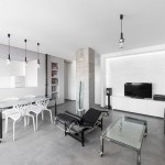 Amazing Family Space Design of Apartment Minimalist Andreja Bujevac with Soft Grey Colored Concrete Floor and Black Colored Sofa
