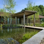 Amazing Feng Shui of Lake House with Ornamental Pool next to Ornamental Plants on Garden Landscape Small Patio