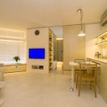 Amazing Living Room Design on Modern Apartment with Cream Colored Floor which is Made from Marble and Bright Yellow Lighting