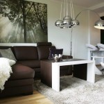Amazing Living Space Design of Apartment Helena Micheldesi with Dark Brown Colored Sectional Sofa and Dark Brown Colored Wooden Table