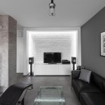 Amusing Family Space Design of Apartment Minimalist Andreja Bujevac with Rectangular Shape of Glass Table and Black LCD Screen