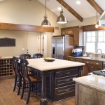 Appealing Rustic Kitchen Layouts Plans with Untreated Wood Kitchen Cabinet and Square Island Shiny Pendant Lights
