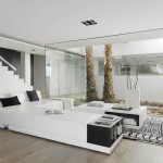 Astonishing Living Space Design in Pure White House by Susan with White Colored Sofa and Black White Colored Floor Carpet