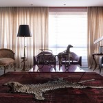 Astonishing Living Space Design on Eclectic Apartment Brazil with White Tiger Skin Carpet and Dark Brown Colored Rug Carpet