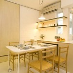 Astounding Dining Space Design on Modern Apartment with  Several Soft Brown Colored Wooden Chairs and Bright Yellow Pendant Lamp