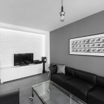 Astounding Family Space Design of Apartment Minimalist Andreja Bujevac with Rectangular Shape of Glass Table and Black Sofa