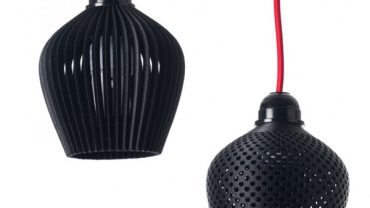 Astounding and Elegant Lampshades Design with Red Colored Long Wires which are Hanged and Several Shape of Black Lamp Cover
