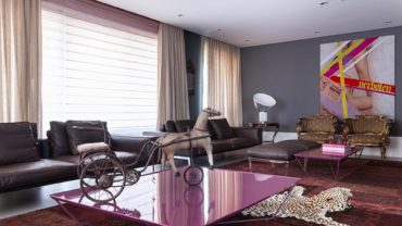 Awesome Living Space Design on Eclectic Apartment Brazil with Soft Purple Colored Rectangular Table and White Colored Tiger Skin Carpet