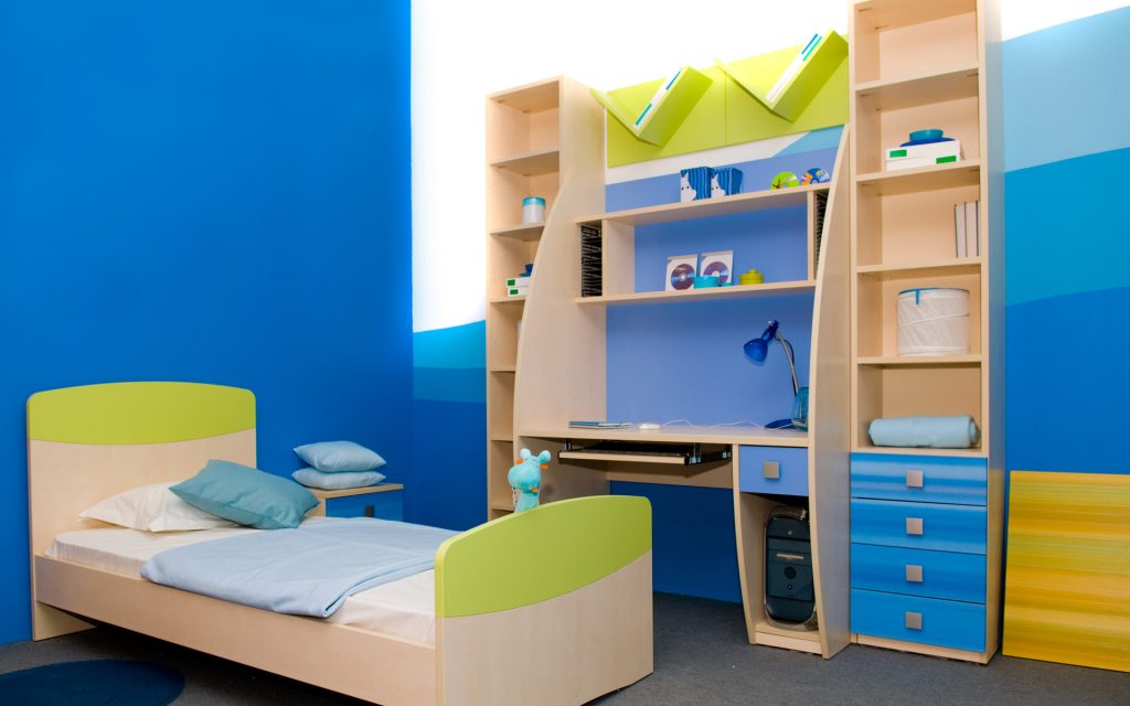 Blue and green bedroom design for kids