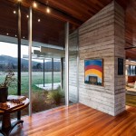 Breathtaking Room Space Design of Pavilion Wairau House with Light Brown Colored Wooden Floor and Transparent Glass Sliding Door