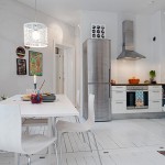 Bright Apartment in Sweden with Cool White Dining Set under White Pendant Light Compact White Kitchen Corner Vintage Carpet