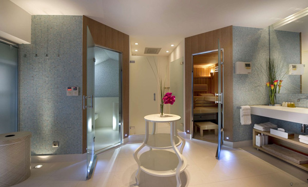 Bright Lighting in the Luxury Resort Bathroom and Sauna with Wooden Vanity and White Sinks under Mirror