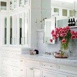 Chic Healthy Home Bathroom with Flashy White Marble Countertop on Clean Kitchen Corner Embellished with Fresh Flower
