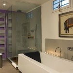Contemporary Bathroom with a Wide Glass Shower Space and the White Tub near the Purple Wall