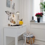 Cool Office in Apartment in Sweden with Metallic Barstool Complementing White Desk Exotic Wall Arts Glossy Table Lamp