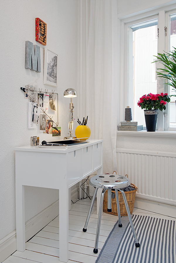 Cool Office in Apartment in Sweden with Metallic Barstool Complementing White Desk Exotic Wall Arts Glossy Table Lamp