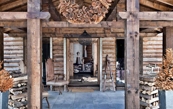 Eco Friendly One Oak Combloux Dominated by Wood Element Giving Warm Taste over Room Rustic Wood Chair and Pinecone Wreath on Porch