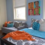 Enchanting Unique Teenage Bedrooms with Nice Wall Art Grey Tufted Sofa Floral Print Quilt Covering Modern Bed