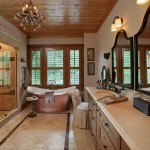 Epic Master Bathroom Design Interior Decorated with Traditional Furniture Used Wooden Ceiling and Glass Shower Room
