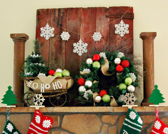 Extraordinary Christmas Wreath Decorating Ideas with Colorful Balls and Snowflake Ornaments for Fireplace Mantel in Family Room