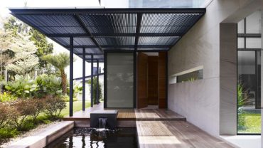 Eye Catching Zen Interior Details in Berrima House with Metallic Pergola above Asian Ornamental Pool and Lovely Ornamental Plants