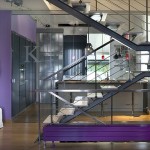 Fabulous Purple Bench and White Sofa near the Grey Stairs on the Hardwood Floor udner White Ceiling