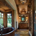 Fabulous Rustic Bathroom Copper Bathtub Design with Brown Color and Stone Floor and Wooden VAnity Furniture