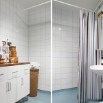 Fancy Apartment in Sweden Providing Small Bathroom with Shower Cabin and White Bathroom Vanity Porcelain Washing Stand
