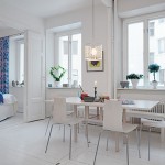 Fascinating White Themed Dining Set in Apartment in Sweden under Glaring Pendant Light Blue Floral Print Curtain Covering Glass Window