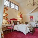 Floral Wallpaper in Fancy Unique Teenage Bedrooms with Modern White Bed Sparkling Chandelier Vintage White Bedside Tables