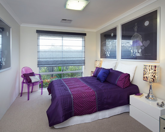 Gorgeous Cool Teenage Girl Bedrooms with Low Profile Bed Covered by Purple Quilt Nice Painting Purple Acrylic Chair Shiny Ceiling Light