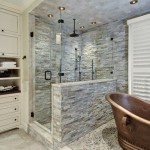 Gorgeous Stone Wall Bathroom Copper Bath Design Decorated with Stone Wall Decor and Traditional Vanity Furniture