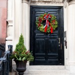 Imposing Christmas Wreath Decorating Ideas Adhered on Classic Dark Wood Door Small Staircase Lovely Indoor Plant
