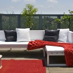 Interesting Red Mat and Red Quilt in the Smooth Terrace with White Chaise on the Wooden Floor