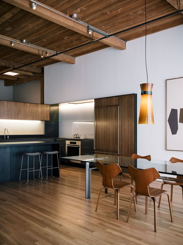 Marvelous San Francisco Loft Design Interior in Open Kitchen and Dining Space Used Wooden Flooring and Modern Furniture