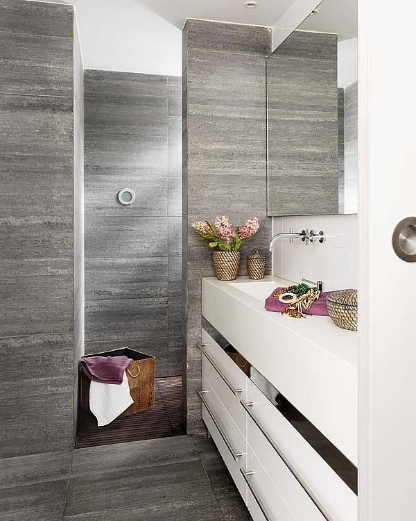 Minimalist White and Grey Barcelona Loft Vuong Interior Design Involving White Painted Vanity and Storage