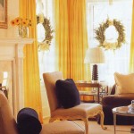 Precious Christmas Wreath Decorating Ideas and Fancy Yellow Curtains Elegant Padded Chairs and Round Glass Coffee Table