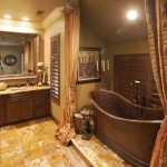 Sensational Alcove Bathtub Copper Design in Small Rustic Bathroom Interior with Stone Tile Flooring Ideas