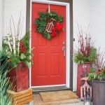 Sensational Christmas Wreath Decorating Ideas on Classic Flashy Red Door Lovely Ornamental Plants in Cube Pots