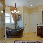 Spacious Copper Bathtub Design in Traditional Bathroom Interior with WOoden Vanity Furniture for Inspiration