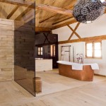 Stunning Glass Divide Wall Design with Contemporary Rustic Bathroom Interior Style for Inspiration to Your House