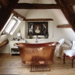 Unique Attic Copper Bathtub Design with Brown Glossy Decor and Rustic Interior Bathroom Design Ideas