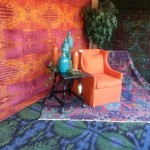 Appealing Orange Chair design Idea Applied in Green Front Furniture finished with Colorful Design Plan Unit