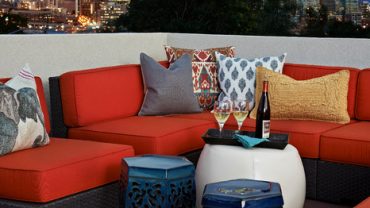 Appealing and Ultra Comfortable Outdoor Living Space Design Idea Equipped with Whiite Ottoman Design Plan Ideas