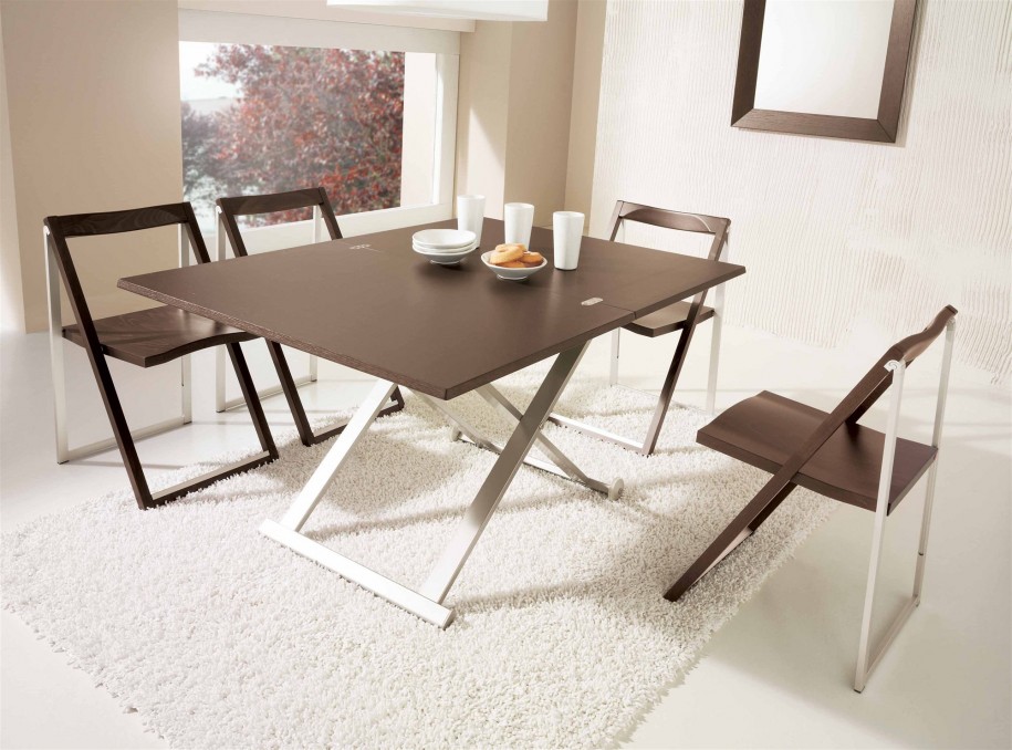 Beautiful Cream Interior with the Contemporary Wide Folding Dining Table some Brown Chairs and White Rug